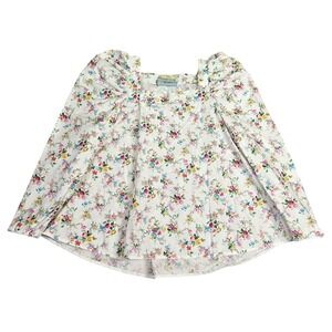 Tish Cox Blouse Top Womens XL White Floral Print Square Neck Pleated Puff Sleeve